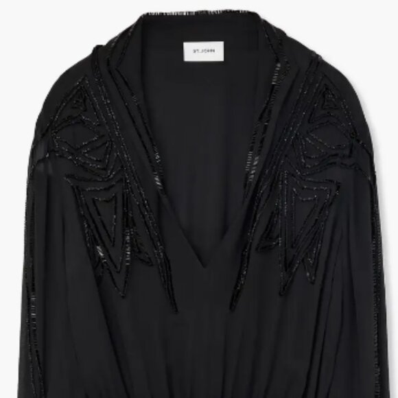 St. John Tonal Beaded Long Sleeve Silk Georgette Gown - Picture 3 of 12